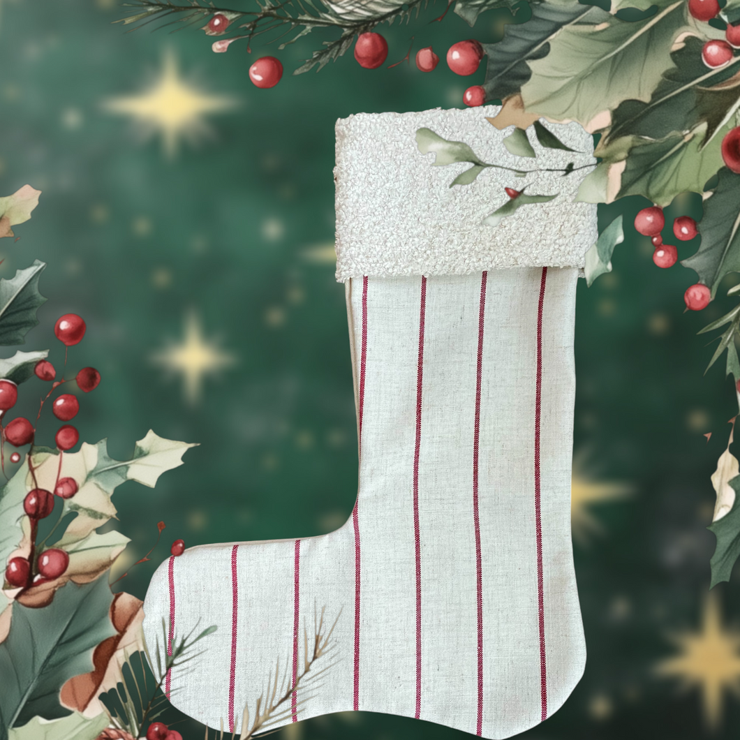 Linen Candy Cane Striped Christmas Christmas Stocking, Off White Cotton Back