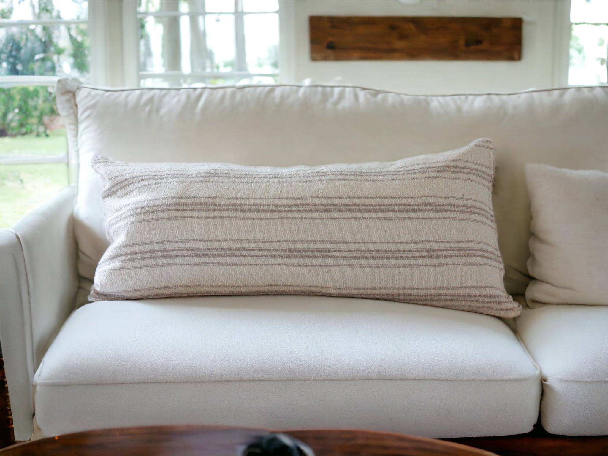 15x30 Lumbar Lumbar Pillow Cover Oatmeal Beige with Tan Ticking Stripe Eclectic Home Market