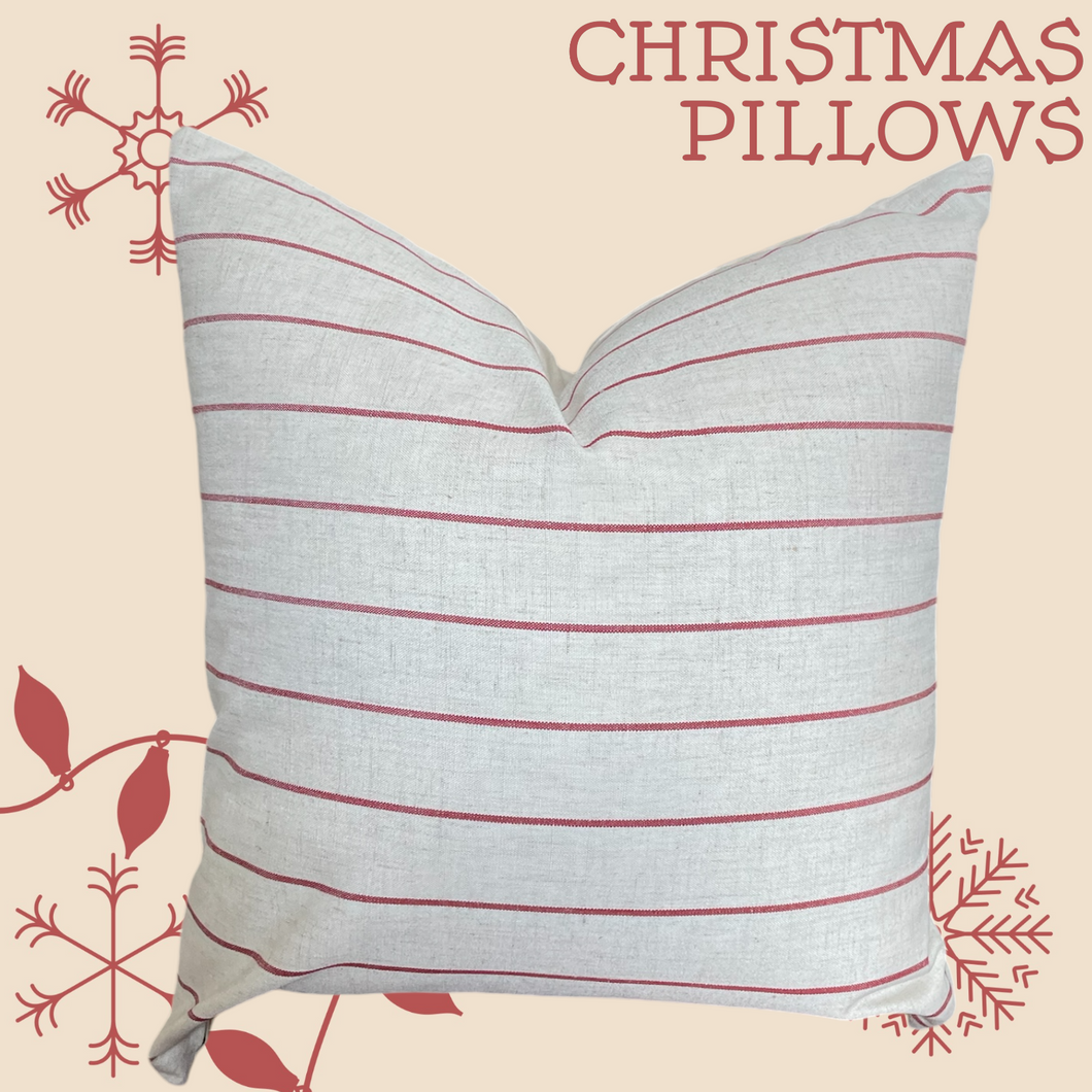 Linen Candy Cane Striped Christmas Pillow Cover, Off White Cotton Back