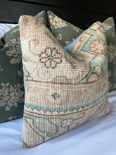 Load image into Gallery viewer, 16x16 Peachy Tan Hints of Light Blue Turkish Handwoven Vintage, Cover Only, FINAL SALE
