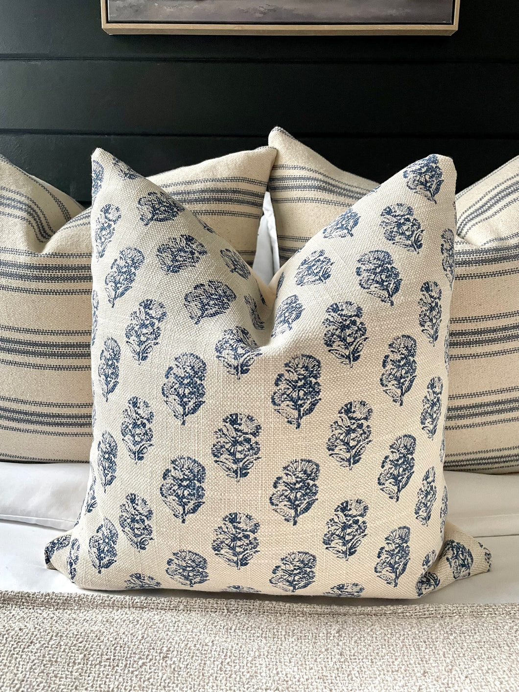 Blue Floral and Linen Modern Farmhouse Pillow Cover, French Country Style, Throw Pillow